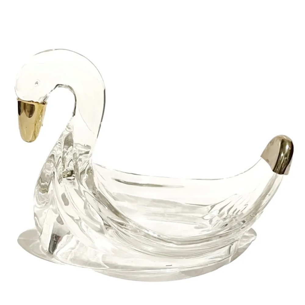 Vintage Swan Soap Dish Transparent Plastic Clear Gold Coloured Metal Accent Bird